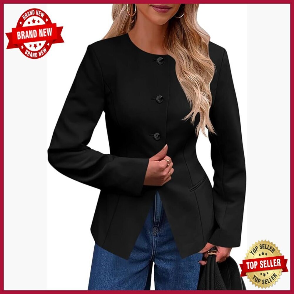 Fitted Blazer Collarless Split Hem Work Office Jacket Business Casual
